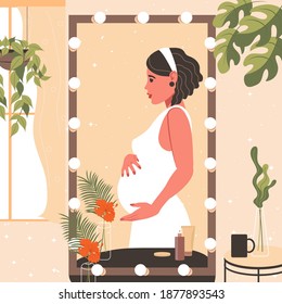 Motherhood concept. Happy pregnant woman looks in the mirror at home. Young fashionable mom reflection in mirror. Vector flat illustration in boho style