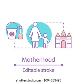 Motherhood concept icon. Childcare idea thin line illustration. Mother walking with toddler. Vector isolated outline drawing. Editable stroke