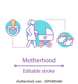 Motherhood concept icon. Childcare idea thin line illustration. Parenthood. Mother walking with baby carriage. Vector isolated outline drawing. Editable stroke