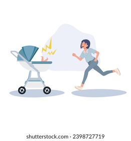 Motherhood concept. Mom Running to Crying Baby in Stroller