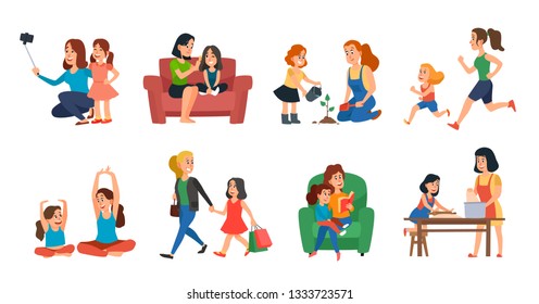 Motherhood concept. Mother and daughter family help, playing or hugging. Mothers day, parent with children talking plant reading and running. Cartoon vector isolated icons illustration set