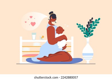 Motherhood concept with people scene in flat design. Young mother holding and hugging little newborn baby, enjoys her maternity and child care. Vector illustration with character situation for web