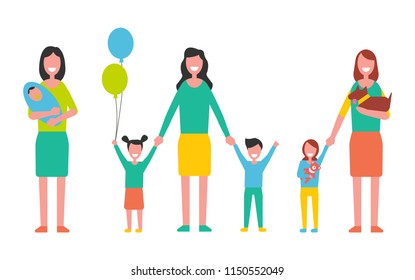 Motherhood concept vector illustration. Woman taking care about new born kids, mother with boy and girl children, pet dog in hands, cartoon characters