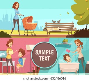 Motherhood daily activities 2 retro cartoon horizontal banners set with walking outdoor with pram isolated vector illustration 