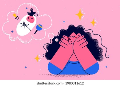 Motherhood and dreaming of baby concept. Beautiful brunette woman cartoon character looking down and dreaming about baby and maternity in future vector illustration