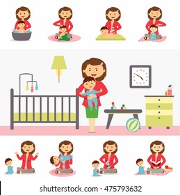 Motherhood and family concept vector. Flat Design. Young woman playing, bathes, feeding, reading with his son. Babysitting job illustrating. Set of baby life moments. Mother's leisure with baby.