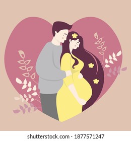 Motherhood and family. Happy pregnant woman in a yellow dress hugs her belly with her hands and next to a man. On the background of the heart with decor of branches and plants. Vector illustration