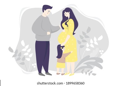 Motherhood. Family - Happy pregnant woman in a yellow dress, gently hugs her belly. Next to her is a daughter and a husband on a gray decorative background with plants. Vector. flat illustration