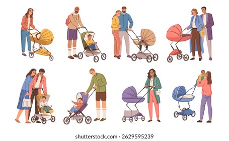 Motherhood and fatherhood, isolated family walking with kid in stroller. Vector in flat style, father and mother with toddlers and infants. Parenting and spending time together with children