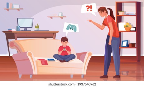 Motherhood Flat Background With Angry Mother Scolds Her Little Son For Not Doing His Homework Vector Illustration