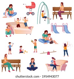 Motherhood flat color set illustrated child care at home outdoors and on kids playground isolated vector illustration