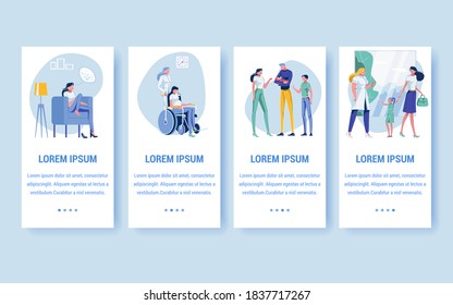 Motherhood, Giving Birth to Child, Bringing up Kids Flat Cartoon Banners Vector Illustration. Woman Sitting on Armchair Thinking about Baby. Girl in Wheelchair with Belly. Family with Newborn Baby.
