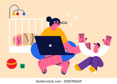 Motherhood and happy childhood concept. Young mother woman sitting on floor with laptop while her newborn baby sleeping and son playing nearby vector illustration 