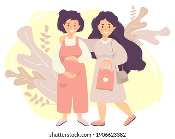 Motherhood and Happy female lgbt family. A pregnant woman in overalls strokes her belly with her hands. She is hugged by a girl with long hair and a bag in her hands. Vector flat illustration