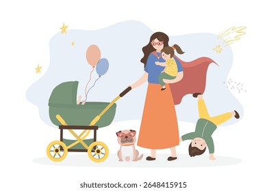 Maternidade, família grande feliz. Jovem mãe com seu filho, filha e bebê em um carrinho de bebê. Mãe de beleza em traje de super-herói andando com crianças e recém-nascido que está no carrinho de bebê.