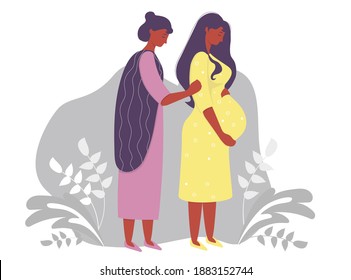 Motherhood. Happy pregnant dark-skinned woman in a yellow dress, tenderly hugs her belly and next to her is a woman mom. on a gray decorative background. Vector illustration