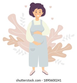 Motherhood. Happy pregnant woman in blue overalls pants gently hugs her stomach with her hands. Vector illustration. Flat design characters on decorative background of tropical leaves and hearts