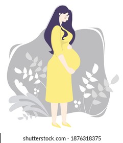 Motherhood. Happy pregnant woman in full growth in a yellow dress, gently hugs her belly. Stands on a gray background, decorated with branches and plants. Vector illustration