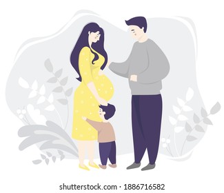 Motherhood. Happy pregnant woman in full growth in a yellow dress, gently hugs her belly. Next to her is the family - son and husband. Gray decorative background with plants. Vector illustration