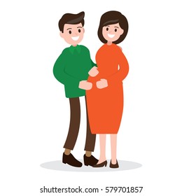 motherhood. happy pregnant woman and husband. vector illustration.