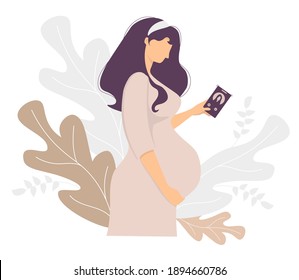 Motherhood. Happy pregnant woman with a mobile phone in her hand gently hugs her belly. Stands against the backdrop of decor from tropical leaves. Vector illustration. For design, print, decoration