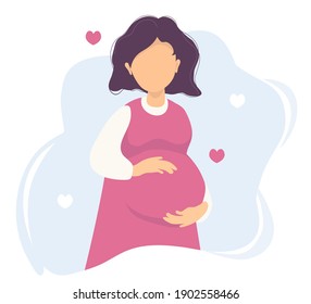 Motherhood. Happy pregnant woman in a pink dress gently hugs her stomach with her hands. On a blue background with hearts. Vector. flat illustration character - happy pregnancy