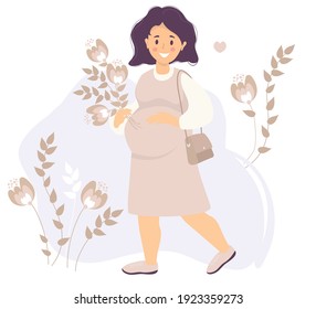 Motherhood. Happy pregnant woman in a pink dress smiling with one hand gently hugging her belly and holding bouquet of flowers with the other. She loves. Vector. flat illustration