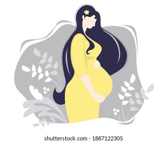 Motherhood. Happy pregnant woman in a yellow dress, hugging her belly with her hands tenderly, on a gray background with a decor of branches and plants. Vector illustration