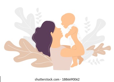 Motherhood. Happy woman with a baby in her arms on a background with a tropical decor of branches and plants. Vector illustration. Concept - Mom and little baby. family vector flat