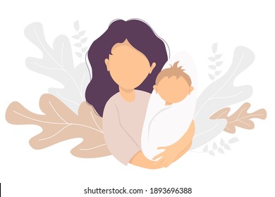 Motherhood. Happy woman with a newborn baby in her arms. On the background decorative pattern of tropical leaves and plants. Vector illustration. Happy family - happy mom and baby. flat illustration
