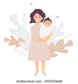 Motherhood. Happy woman with a newborn baby in her arms. On the background decorative pattern of tropical leaves and plants. New life and happy mom and baby. Vector. flat illustration