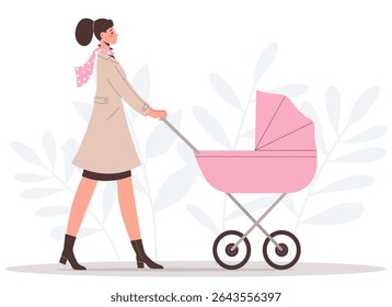 Maternidade. Feliz jovem mãe anda com carrinho de bebê. Dia das Mães. Ilustração de vetor plano