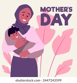 Motherhood in hijab. Tender vector image of a Muslim mother with her child on a background of pink leaves. Flat illustration for Mother's Day posters or cards with text space.