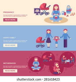 Motherhood horizontal banner set with pregnancy and happy family flat elements isolated vector illustration