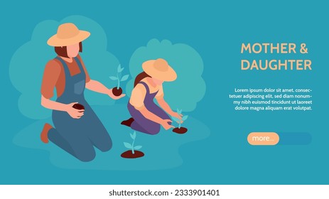 Motherhood horizontal website banner with mother and daughter doing gardening together isometric vector illustration