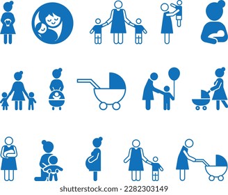 Motherhood icon set, 15 family icon set blue vector