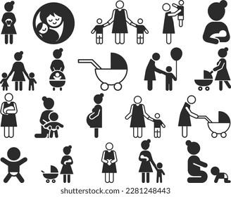 Motherhood icon set, 20 baby care and safety icon set black vector