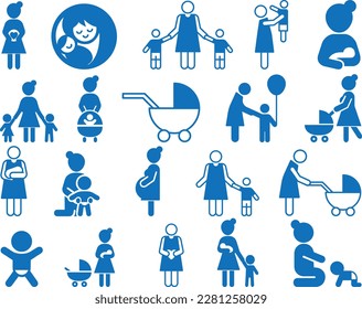 Motherhood icon set, 20 baby care and safety icon set blue vector