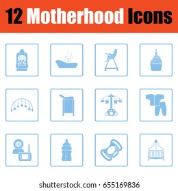 Motherhood icon set. Blue frame design. Vector illustration.