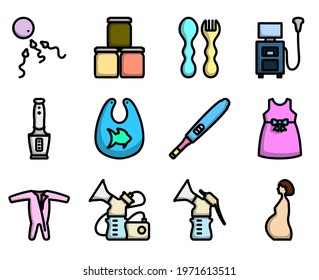 Motherhood Icon Set. Editable Bold Outline With Color Fill Design. Vector Illustration.