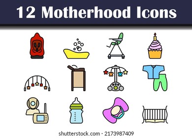 Motherhood Icon Set. Editable Bold Outline With Color Fill Design. Vector Illustration.