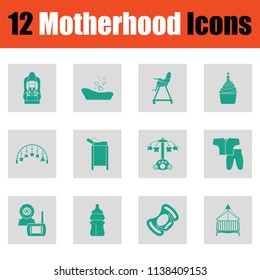 Motherhood icon set. Green on gray design. Vector illustration.