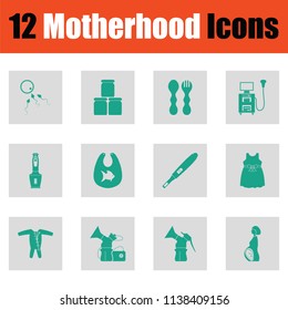 Motherhood icon set. Green on gray design. Vector illustration.