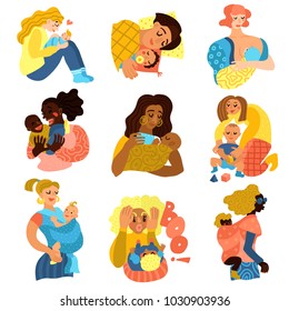 Motherhood icons set with baby and woman relations symbols flat isolated vector illustration