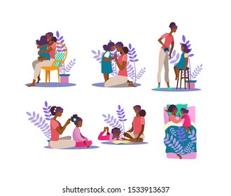 Motherhood illustration set. Woman and girl hugging, reading book, spending time together. Family concept. Vector illustration for topics like mother, daughter, affection