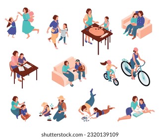 Motherhood isometric color set with mum and daughter doing various activities together reading playing riding bike cooking isolated vector illustration