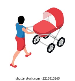 Motherhood isometric icon with woman walking with baby carriage back view 3d vector illustration