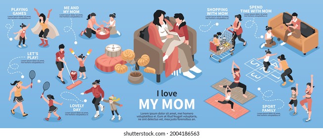 Motherhood isometric infographic set with family and pastime symbols vector illustration