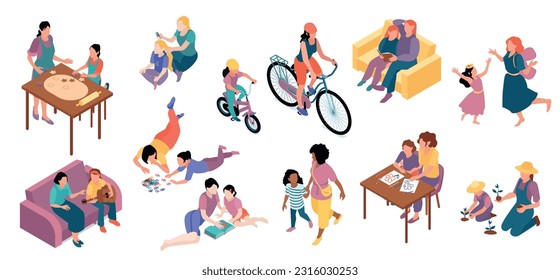 Motherhood isometric set with moms and daughters playing guitar dancing walking doing gardening and other activities together isolated vector illustration