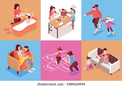 Motherhood isometric square set with family symbols isolated vector illustration